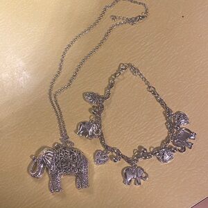 Silver Elephant Pendant Necklace and Bracelet Set